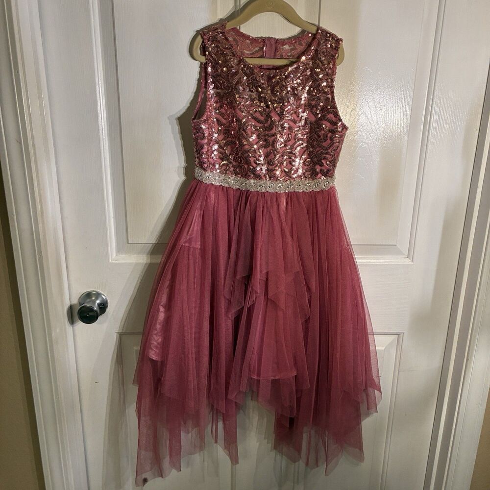 Rare Additions Pink Mauve Semi Formal Girls Dress Sequins Top, Tulle Skirt Sz 10